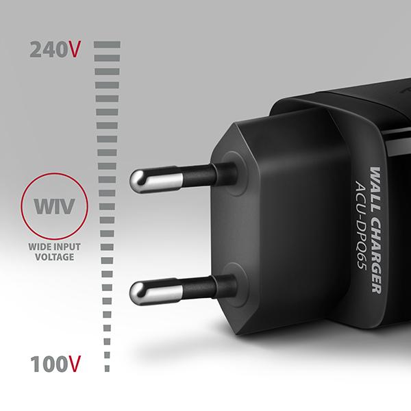 AXAGON ACU-DPQ65, GaN nabíjačka do siete 65W, 3x port (USB-A + dual USB-C), PD3.0/ QC4+/ PPS/ Apple 