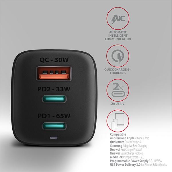 AXAGON ACU-DPQ65, GaN nabíjačka do siete 65W, 3x port (USB-A + dual USB-C), PD3.0/ QC4+/ PPS/ Apple 