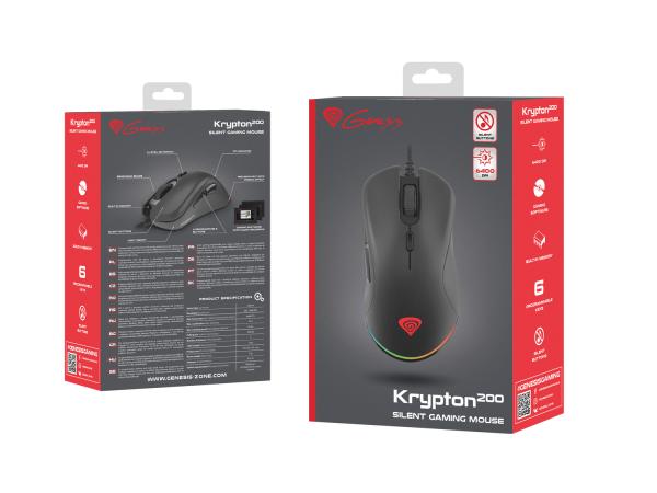 Genesis herná optická myš KRYPTON 200/ RGB/ 6400 DPI/ Herná/ Optická/ 6 000 DPI/ Drôtová USB/ Čierna 