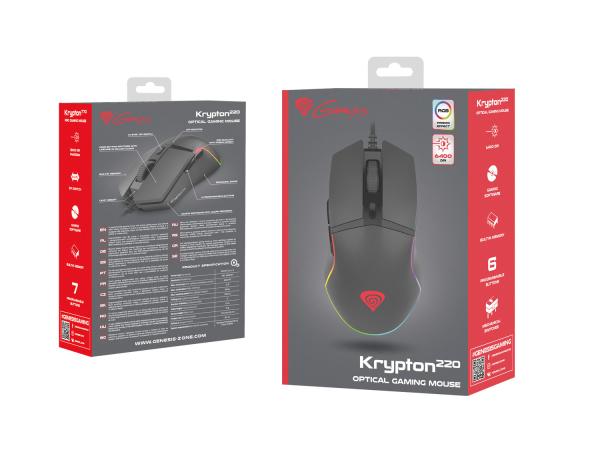Genesis herná optická myš KRYPTON 220/ RGB/ 6400 DPI/ Herná/ Optická/ 6 000 DPI/ Drôtová USB/ Čierna 