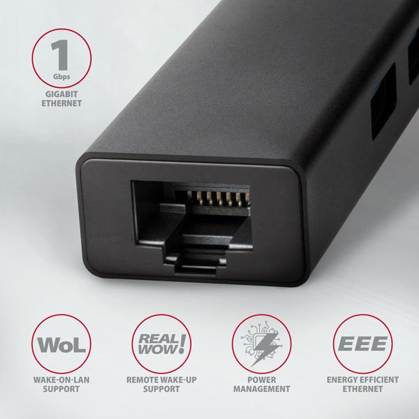 AXAGON HMC-GL3A, USB 3.2 Gen 1 hub, porty 3x USB-A + Gigabit Ethernet, kovový, kábel USB-C 20cm 