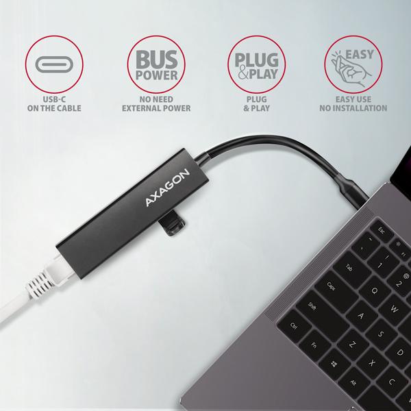 AXAGON HMC-GL3A, USB 3.2 Gen 1 hub, porty 3x USB-A + Gigabit Ethernet, kovový, kábel USB-C 20cm 