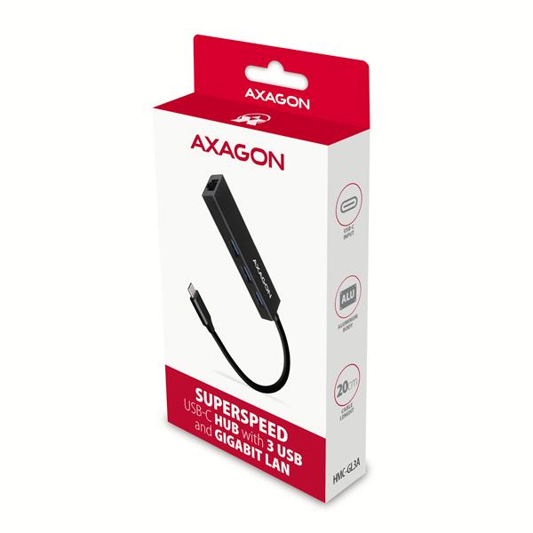 AXAGON HMC-GL3A, USB 3.2 Gen 1 hub, porty 3x USB-A + Gigabit Ethernet, kovový, kábel USB-C 20cm 