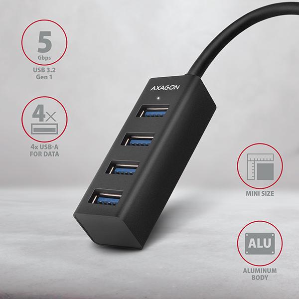 AXAGON HUE-M1AL, 4x USB 3.2 Gen 1 MINI hub, kovový, kábel USB-A 1.2m 