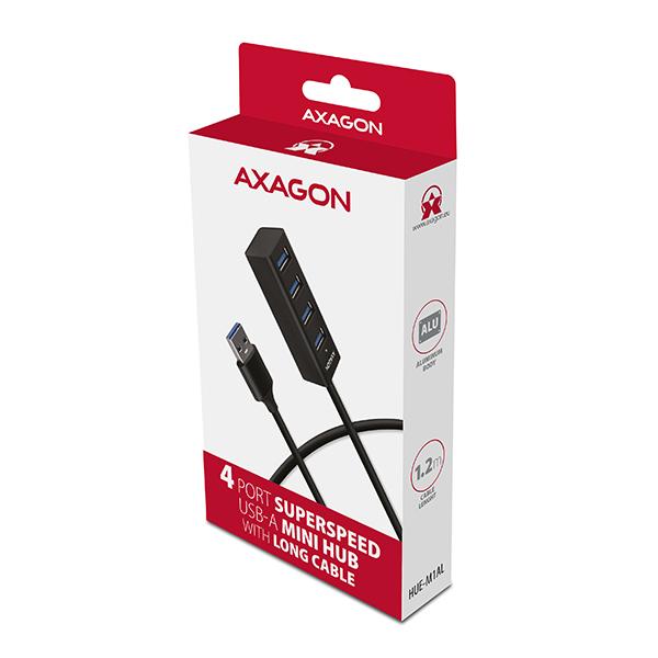 AXAGON HUE-M1AL, 4x USB 3.2 Gen 1 MINI hub, kovový, kábel USB-A 1.2m 