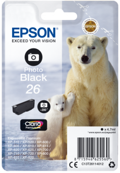 Epson Singlepack Photo Black 26 Claria Premium Ink