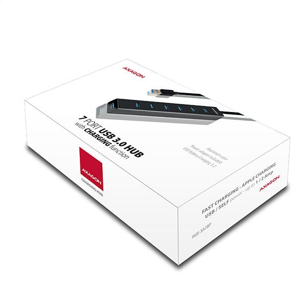 AXAGON HUE-SA7BP, 7x USB 3.0 ALU CHARGING hub, vr. AC adaptéra, kábel USB-A 40cm 