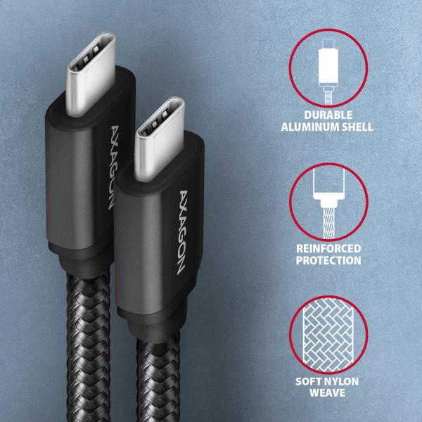AXAGON BUCM3-CM10AB, SPEED kábel USB-C <-> USB-C, 1m, USB 3.2 Gen 1, PD 60W 3A, ALU, oplet, čierny 