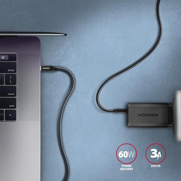 AXAGON BUCM3-CM10AB, SPEED kábel USB-C <-> USB-C, 1m, USB 3.2 Gen 1, PD 60W 3A, ALU, oplet, čierny 