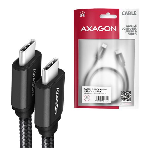 AXAGON BUCM3-CM10AB, SPEED kábel USB-C <-> USB-C, 1m, USB 3.2 Gen 1, PD 60W 3A, ALU, oplet, čierny 