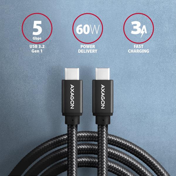 AXAGON BUCM3-CM10AB, SPEED kábel USB-C <-> USB-C, 1m, USB 3.2 Gen 1, PD 60W 3A, ALU, oplet, čierny 