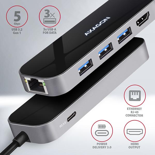 AXAGON HMC-6GL, USB 3.2 Gen 1 hub, 3x USB-A, HDMI 4k/ 30Hz, RJ-45 GLAN, PD 100W, kábel USB-C 20cm 