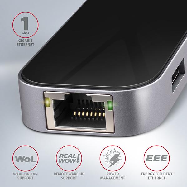 AXAGON HMC-6GL, USB 3.2 Gen 1 hub, 3x USB-A, HDMI 4k/ 30Hz, RJ-45 GLAN, PD 100W, kábel USB-C 20cm 