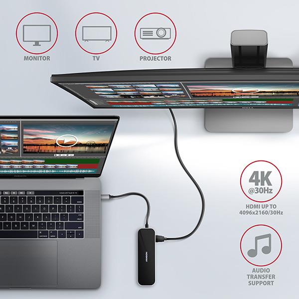 AXAGON HMC-6GL, USB 3.2 Gen 1 hub, 3x USB-A, HDMI 4k/ 30Hz, RJ-45 GLAN, PD 100W, kábel USB-C 20cm 
