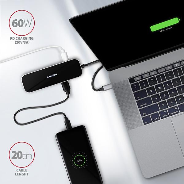 AXAGON HMC-6GL, USB 3.2 Gen 1 hub, 3x USB-A, HDMI 4k/ 30Hz, RJ-45 GLAN, PD 100W, kábel USB-C 20cm 