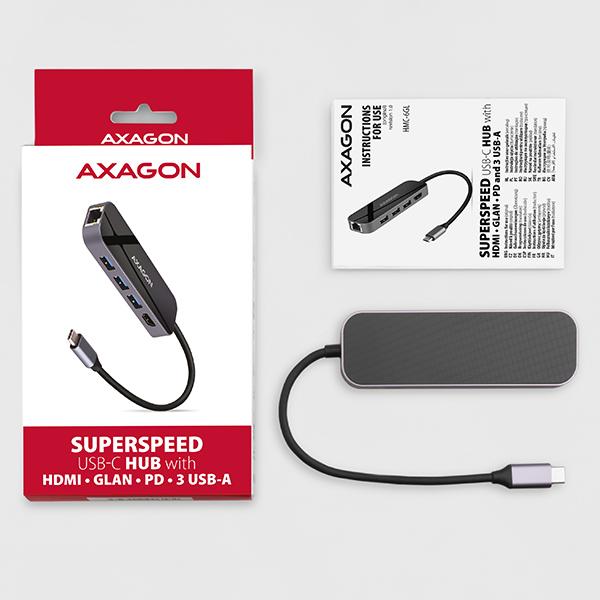 AXAGON HMC-6GL, USB 3.2 Gen 1 hub, 3x USB-A, HDMI 4k/ 30Hz, RJ-45 GLAN, PD 100W, kábel USB-C 20cm 