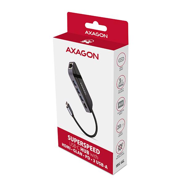 AXAGON HMC-6GL, USB 3.2 Gen 1 hub, 3x USB-A, HDMI 4k/ 30Hz, RJ-45 GLAN, PD 100W, kábel USB-C 20cm 