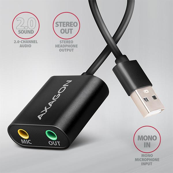 AXAGON ADA-12, USB 2.0 - externá zvuková karta, 48kHz/ 16-bit stereo, kovová, kábel USB-A 15 cm 