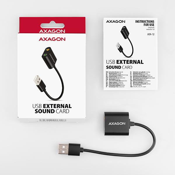 AXAGON ADA-12, USB 2.0 - externá zvuková karta, 48kHz/ 16-bit stereo, kovová, kábel USB-A 15 cm 