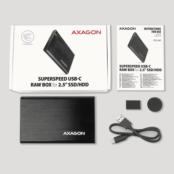 AXAGON EE25-A6C, USB-C 3.2 Gen 1 - SATA 6G 2.5" kovový RAW box, bezskrutkový 
