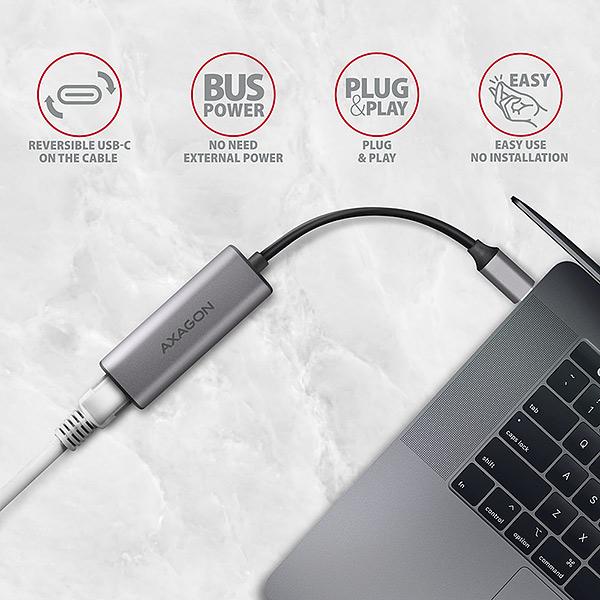 AXAGON ADE-25RC USB-A 3.2 Gen 1 - 2.5 Gigabit Ethernet sieťová karta, Realtek 8156, auto install, šedá 