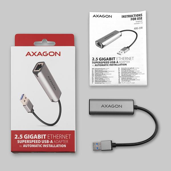 AXAGON ADE-25R USB-A 3.2 Gen 1 - 2.5 Gigabit Ethernet sieťová karta, Realtek 8156, auto install, sivá 