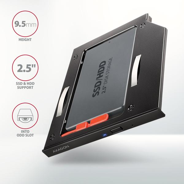 AXAGON RSS-CD09 rámček pre 2.5" SSD/ HDD do DVD slotu, 9.5 mm, LED, hliník 
