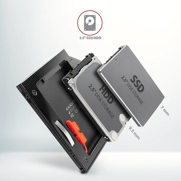 AXAGON RSS-CD09 rámček pre 2.5" SSD/ HDD do DVD slotu, 9.5 mm, LED, hliník 