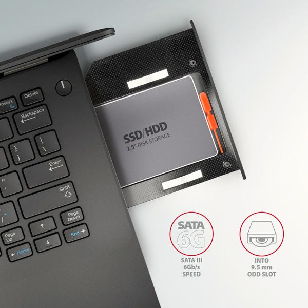 AXAGON RSS-CD09 rámček pre 2.5" SSD/ HDD do DVD slotu, 9.5 mm, LED, hliník 