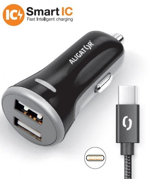 ALIGATOR Chytrá nabíjačka do auta 3.4A, 2xUSB, smart IC, čierna, USB-C kábel 
