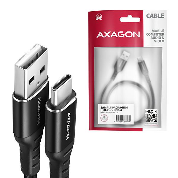 AXAGON BUCM-AM10AB, HQ kabel USB-C <-> USB-A, 1m, USB 2.0, 3A, ALU, oplet, černý 