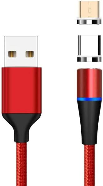 PremiumCord Magnetický micro USB a USB-C nabíjací a dátový kábel 1m, červený