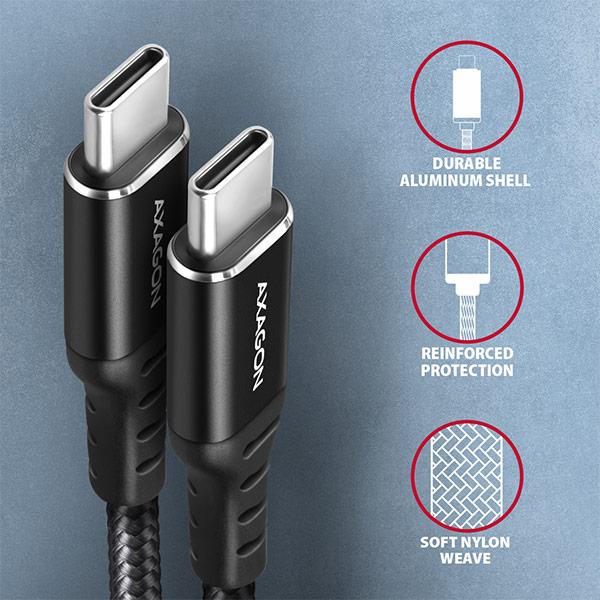 AXAGON BUCM-CM20AB, HQ kabel USB-C <-> USB-C, 2m, USB 2.0, PD 60W 3A, ALU, oplet, černý 