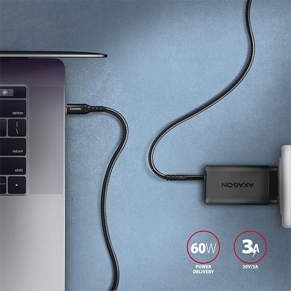 AXAGON BUCM-CM20AB, HQ kabel USB-C <-> USB-C, 2m, USB 2.0, PD 60W 3A, ALU, oplet, černý 