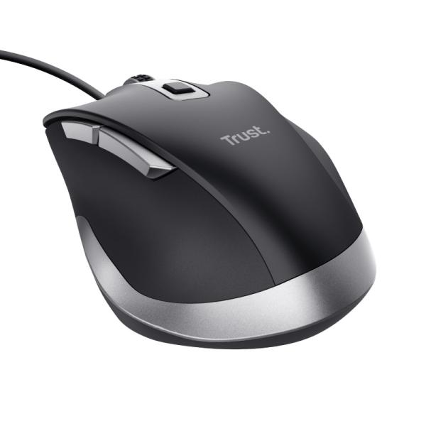 TRUST Fyda/ Ergonomická/ Optická/ Pre pravákov/ 5 000 DPI/ Drôtová USB/ Čierna-strieborná 