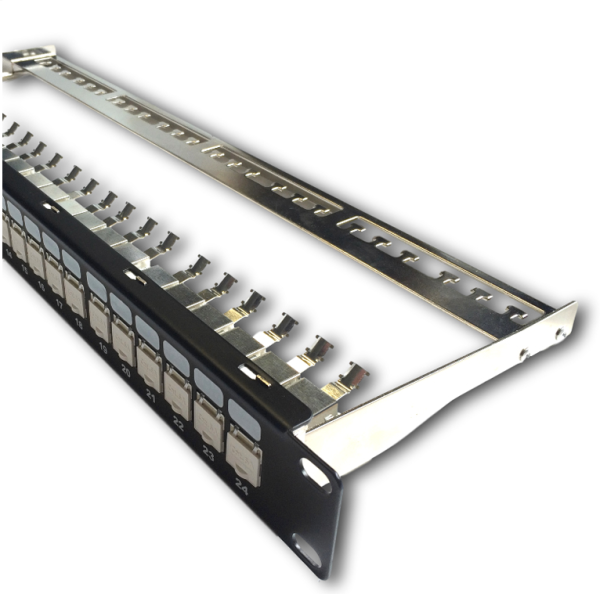 DATACOM Patch panel 19" STP 24 port CAT6A 1U čierny, vyvaz.lišta, beznástrojový