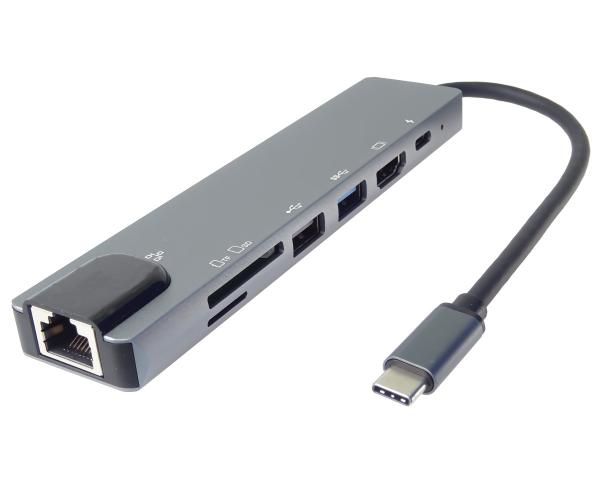 PremiumCord USB-C na HDMI + USB3.0 + USB2.0 + PD + SD/ TF + RJ45 adaptér