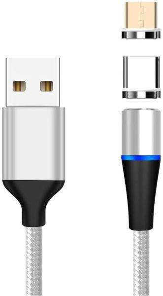 PremiumCord Magnetický micro USB a USB-C nabíjecí a datový kabel 1m, stříbrný