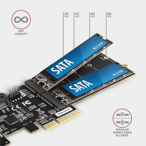 AXAGON PCES-SA4M2, PCIe radič - 2x interný SATA 6G port + 2x SATA M.2 slot, ASM1164, SP & LP 