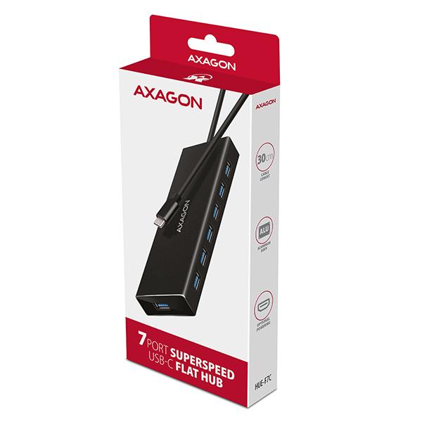 AXAGON HUE-F7C, 7x USB 3.2 Gen 1 ALU FLAT CHARGING hub, micro USB nap. konektor, kabel USB-C 30cm 