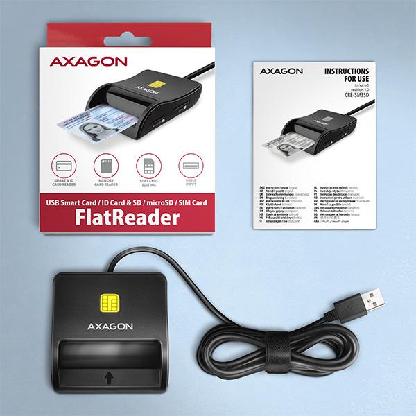 AXAGON CRE-SM3SD, USB-A FlatReader čtečka Smart card (eObčanka) + SD/ microSD/ SIM, kabel 1.3 m 