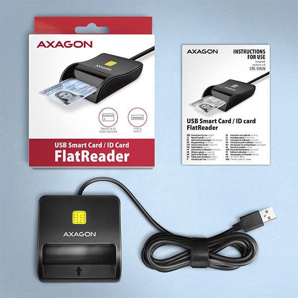 AXAGON CRE-SM3N, USB-A FlatReader čítačka kontaktných kariet Smart card (eObčanka), kábel 1.3m 