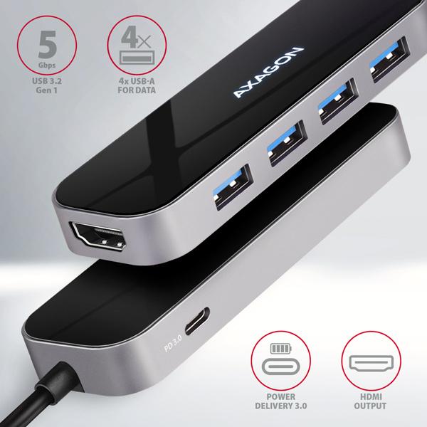 AXAGON HMC-6H4A, USB 3.2 Gen 1 hub, porty 4x USB-A, HDMI 4k/ 30Hz, PD 100W, kábel USB-C 20cm 
