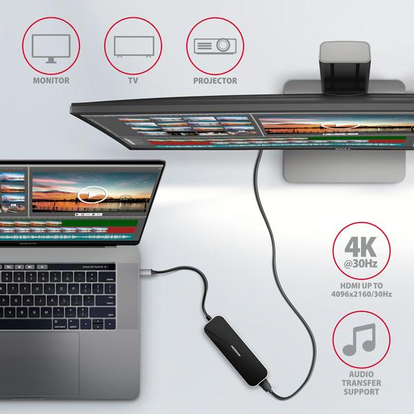 AXAGON HMC-6H4A, USB 3.2 Gen 1 hub, porty 4x USB-A, HDMI 4k/ 30Hz, PD 100W, kábel USB-C 20cm 