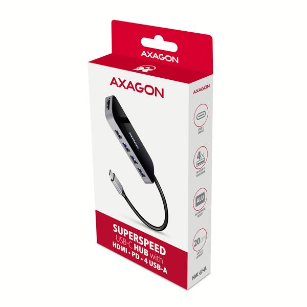 AXAGON HMC-6H4A, USB 3.2 Gen 1 hub, porty 4x USB-A, HDMI 4k/ 30Hz, PD 100W, kábel USB-C 20cm 