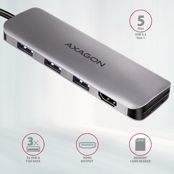 AXAGON HMC-HCR3A, USB 3.2 Gen 1 hub, porty 3x USB-A, HDMI 4k/ 30Hz, SD/ microSD, kábel USB-C 20cm 