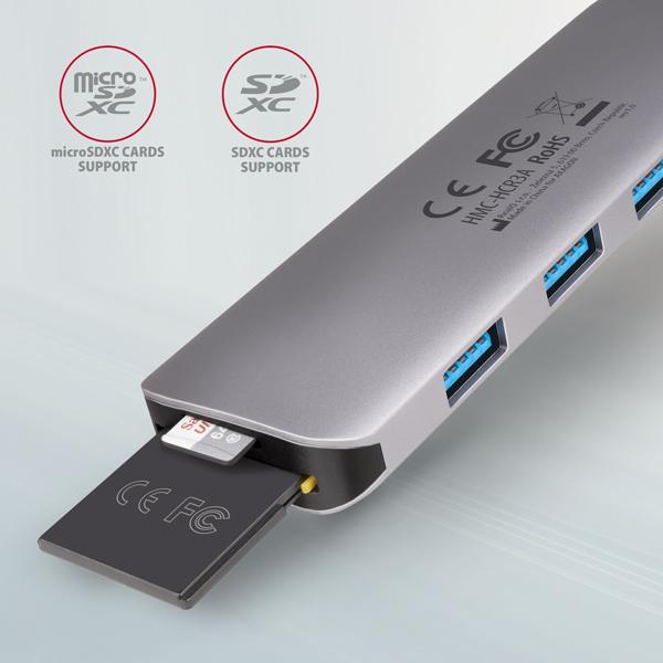 AXAGON HMC-HCR3A, USB 3.2 Gen 1 hub, porty 3x USB-A, HDMI 4k/ 30Hz, SD/ microSD, kábel USB-C 20cm 