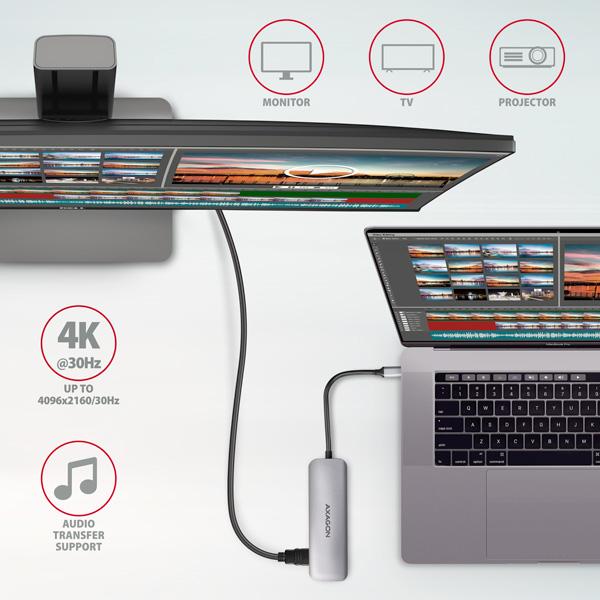 AXAGON HMC-HCR3A, USB 3.2 Gen 1 hub, porty 3x USB-A, HDMI 4k/ 30Hz, SD/ microSD, kábel USB-C 20cm 