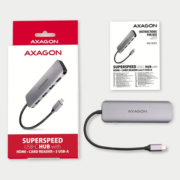 AXAGON HMC-HCR3A, USB 3.2 Gen 1 hub, porty 3x USB-A, HDMI 4k/ 30Hz, SD/ microSD, kábel USB-C 20cm 