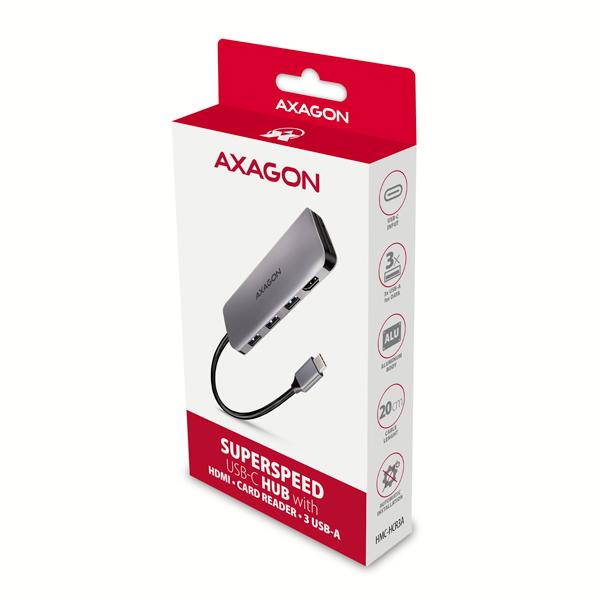 AXAGON HMC-HCR3A, USB 3.2 Gen 1 hub, porty 3x USB-A, HDMI 4k/ 30Hz, SD/ microSD, kábel USB-C 20cm 